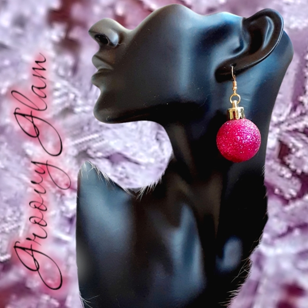 GROOVY GLAM Handmade Magenta Pink Glitter Mini Christmas  Ornament Earrings